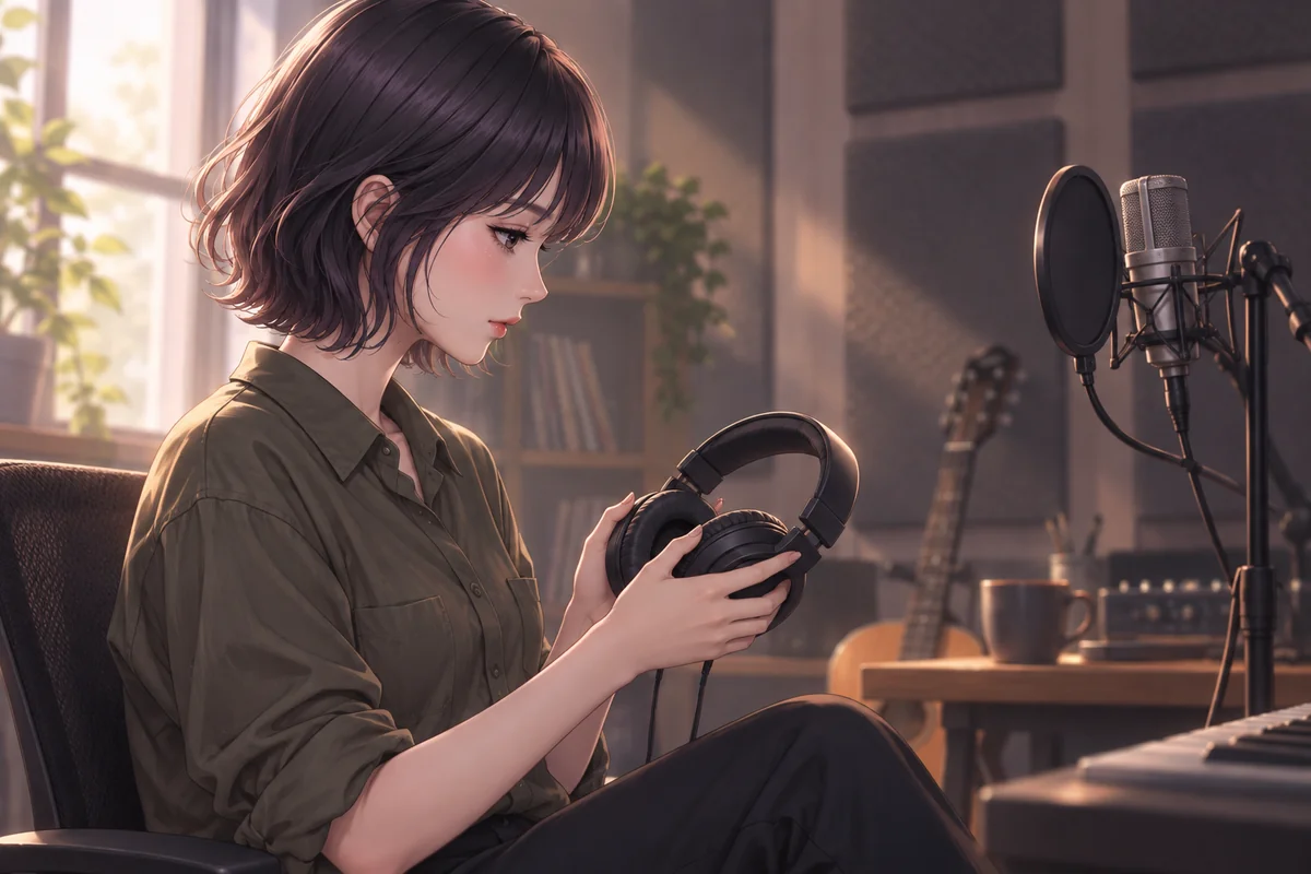 Akari Shizune ถือหูฟังไว้ในมือ ในห้องที่มีไมโครโฟน