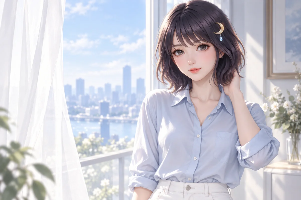 Akari Shizune แตะผมเบา ๆ ริมหน้าต่างที่สว่างและมองเห็นตัวเมือง