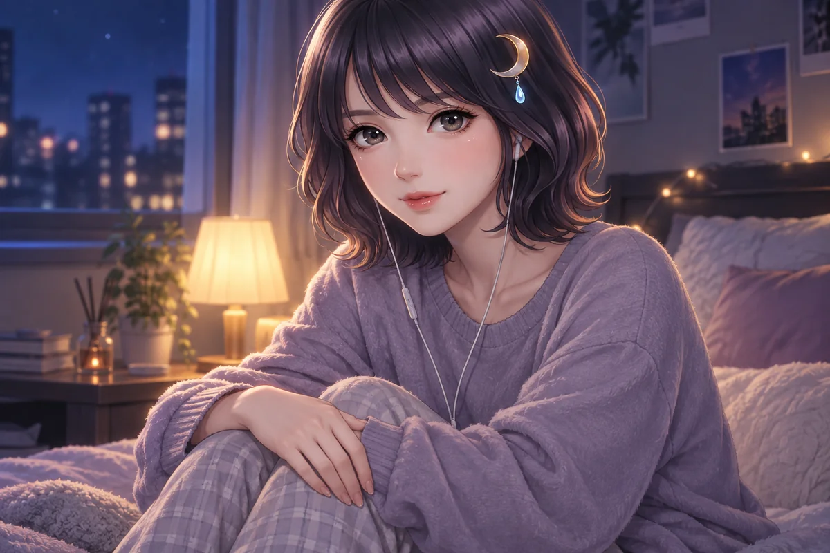 Akari Shizune ใส่หูฟังนั่งกอดเข่าบนเตียง ในห้องยามค่ำคืน