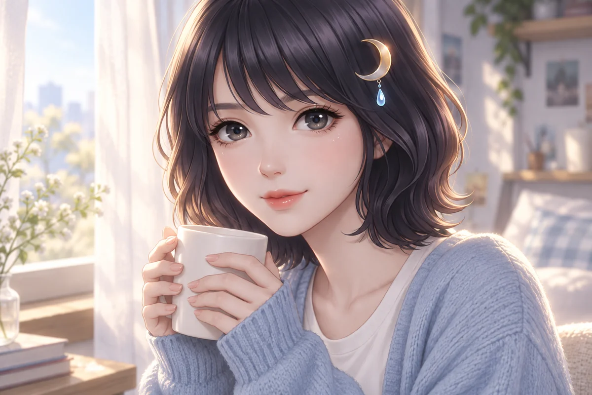 Akari Shizune ถือแก้วด้วยสองมือและยิ้ม ในห้องที่แสงยามเช้าส่องเข้ามา