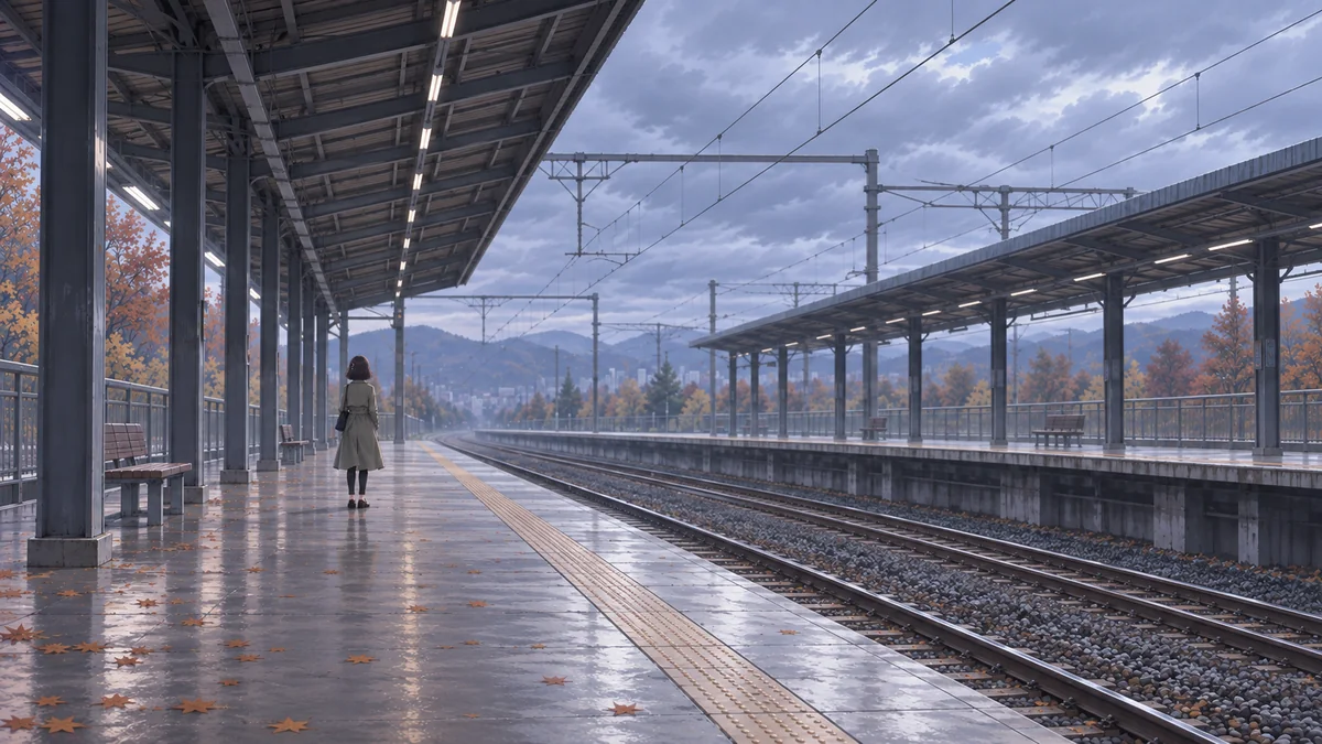 Akari Shizune รอรถไฟอยู่คนเดียวบนชานชาลาที่ทอดยาว