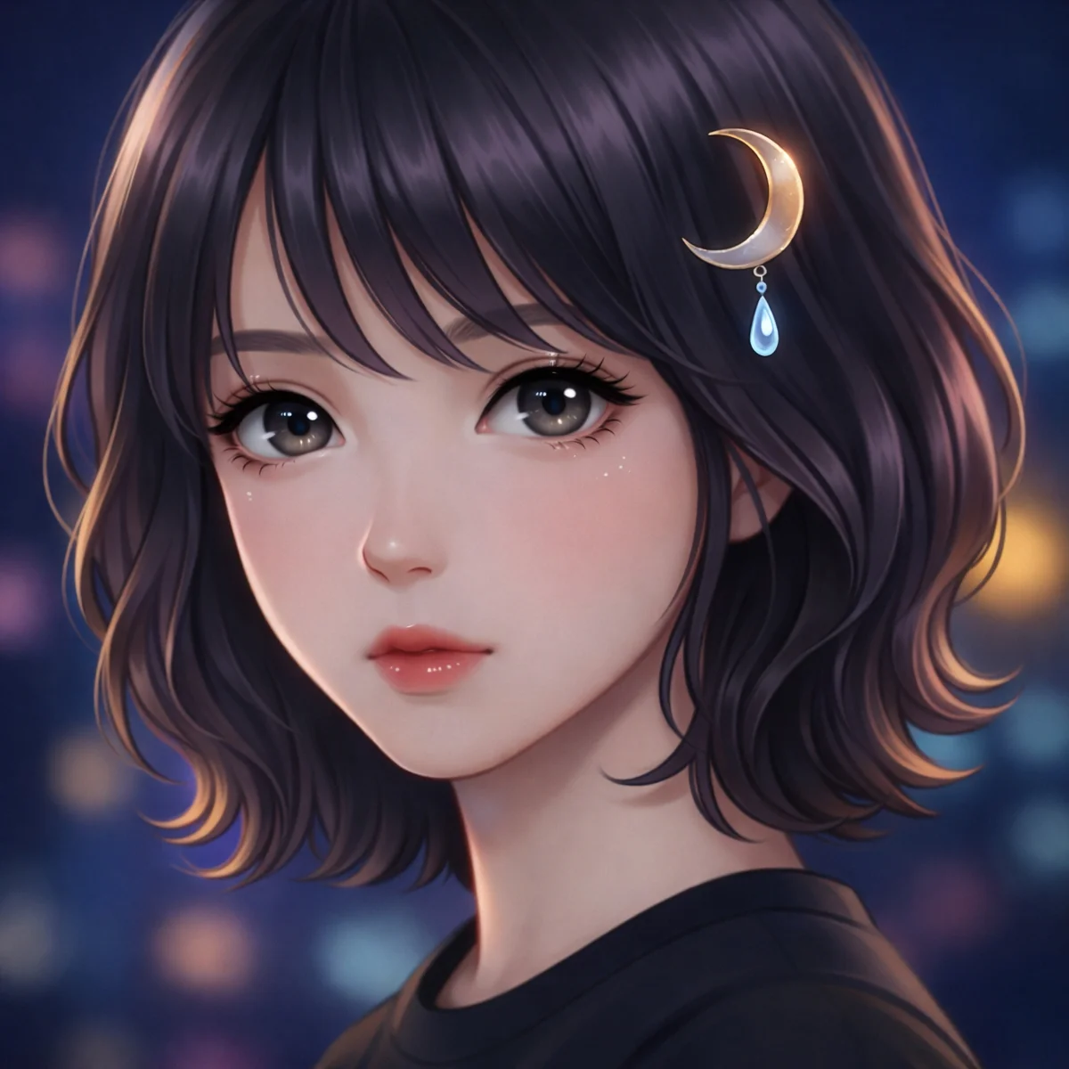 Akari Shizune จ้องมองมาทางนี้ โดยมีแสงไฟเมืองสีน้ำเงินอมม่วงอยู่เบื้องหลัง