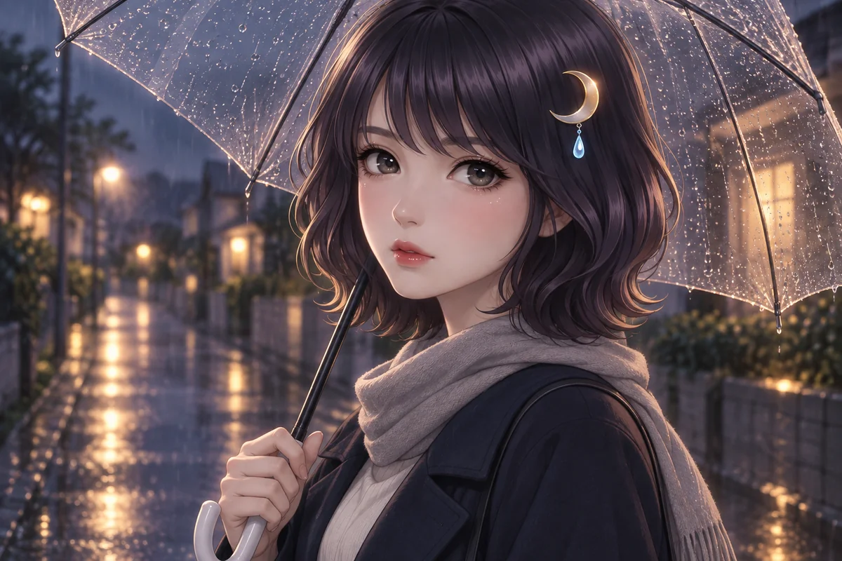Akari Shizune กางร่มใสมองมาทางนี้ บนถนนยามค่ำคืนกลางสายฝน
