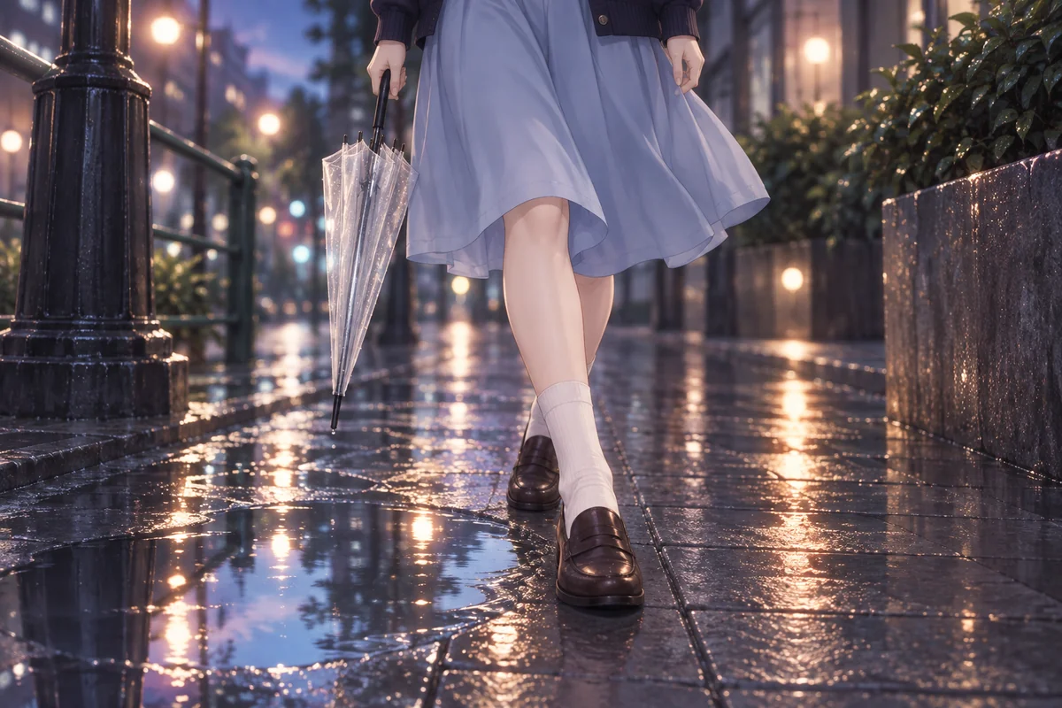 เท้าที่ก้าวเดินบนทางปูหินเปียกฝนยามค่ำคืน และร่มในมือ