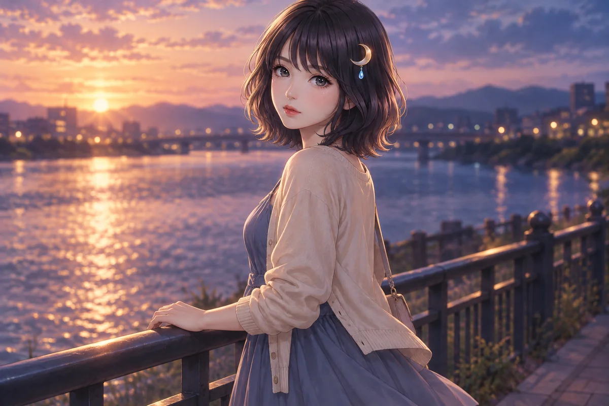 Akari Shizune พิงราวกั้นริมแม่น้ำที่อาบไปด้วยแสงอาทิตย์ยามเย็น