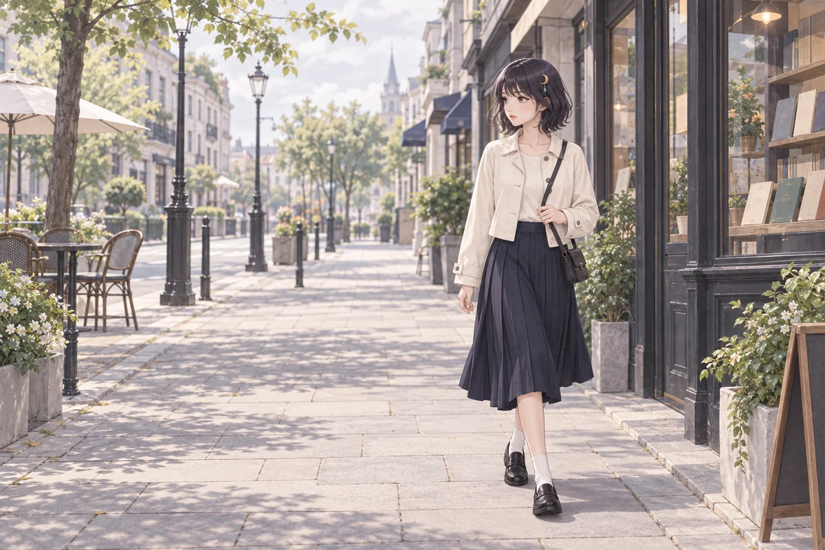 Akari Shizune เดินบนทางเท้าที่มีต้นไม้เรียงรายในวันแดดใส