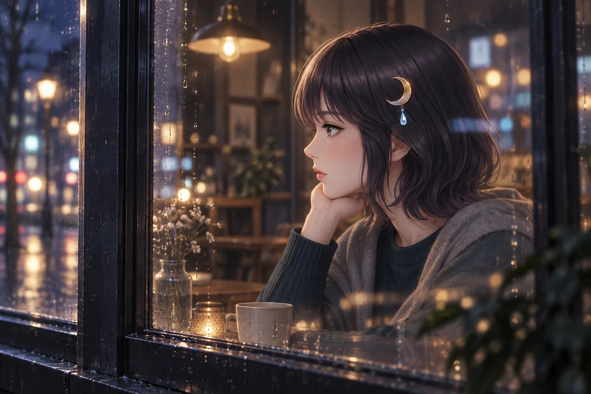 ผ่านกระจกหน้าต่างของร้านกาแฟยามค่ำคืน มองเห็น Akari Shizune ที่กำลังเท้าคาง