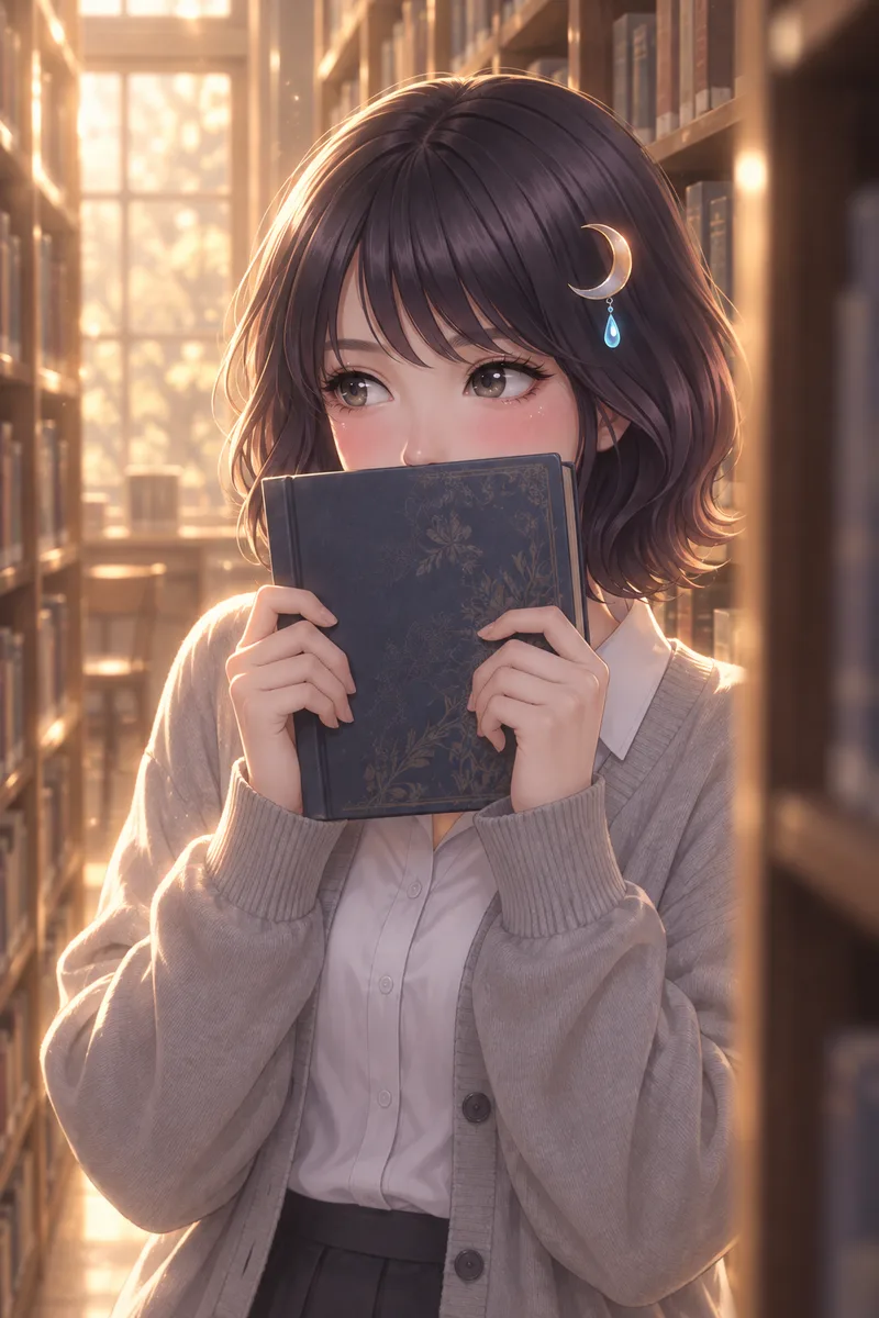 Entre as estantes da biblioteca, Akari Shizune esconde a boca com um livro e olha para alguém, com as bochechas coradas.