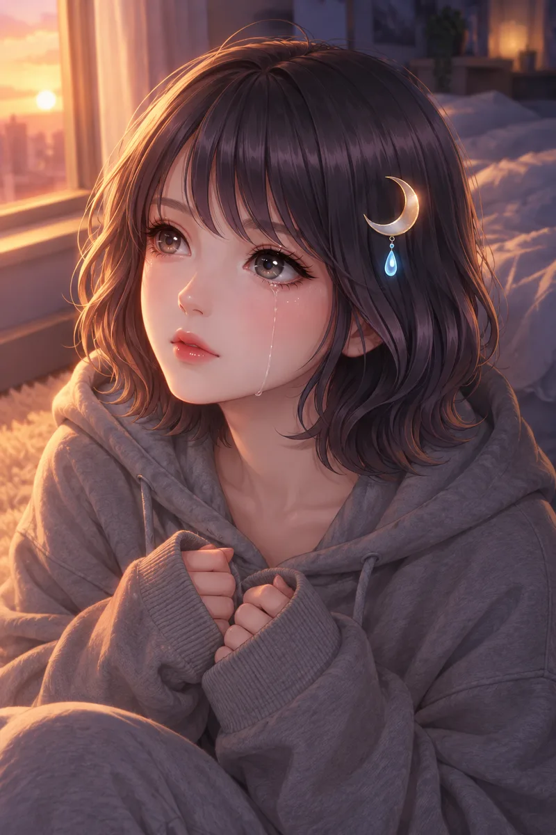 Num quarto iluminado pelo sol do fim de tarde, Akari Shizune aperta as mangas de um moletom grande demais e olha pela janela enquanto uma lágrima escorre.