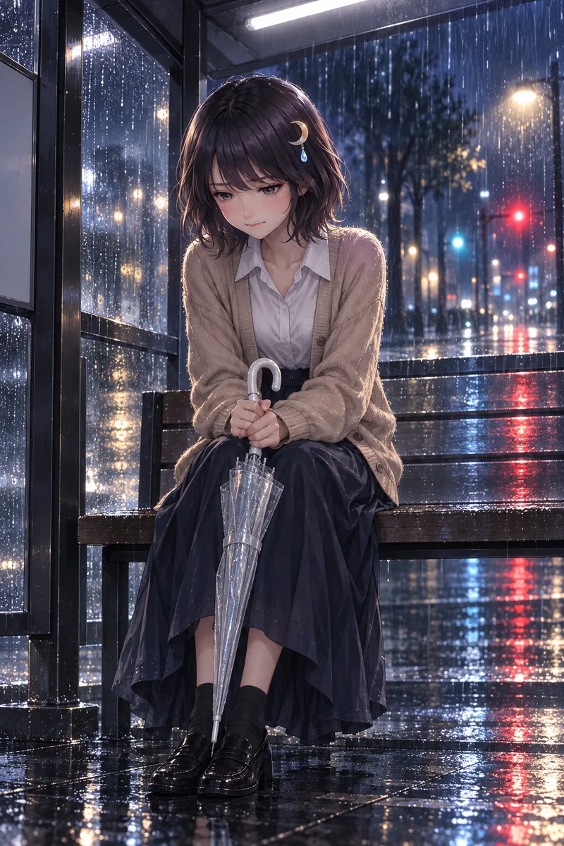 Num ponto de ônibus numa noite de chuva, Akari Shizune abaixa a cabeça apertando um guarda-chuva fechado e segura o choro.