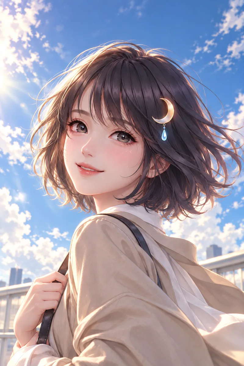 Sob o céu azul da manhã, Akari Shizune se vira com o cabelo ao vento e sorri radiante.