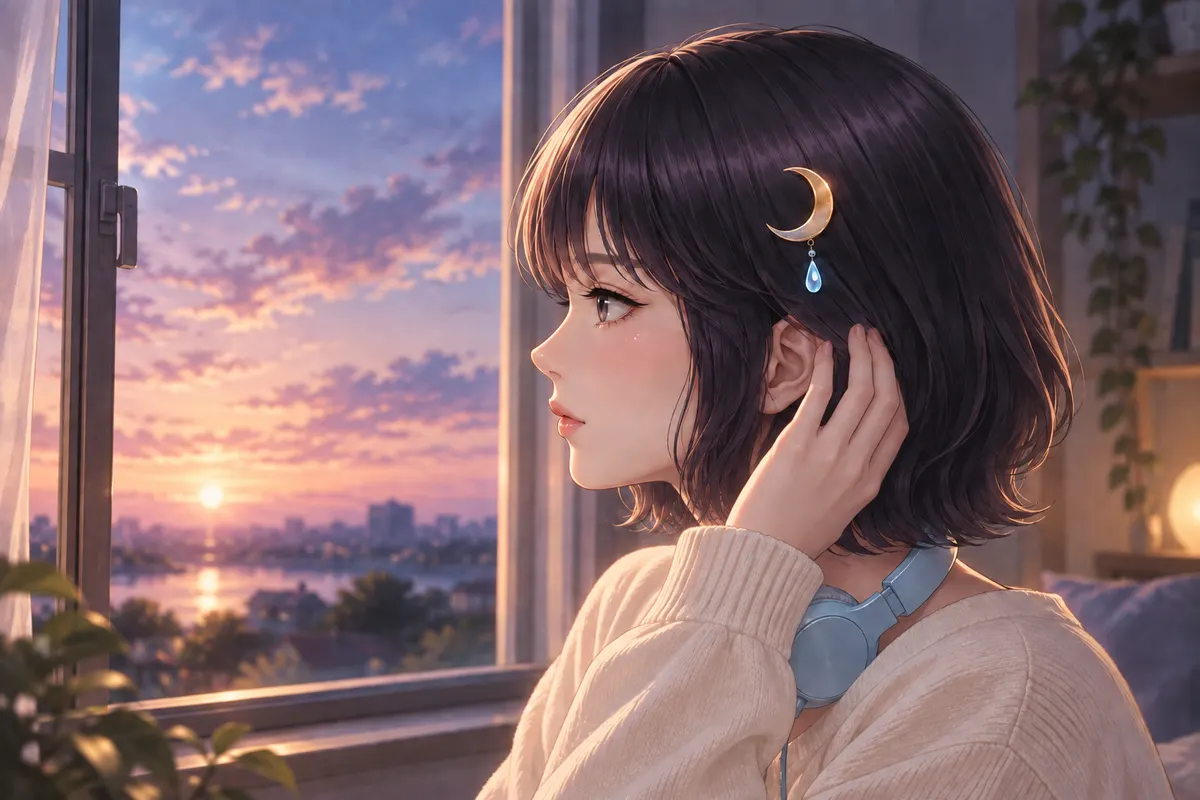 Akari Shizune คล้องหูฟังไว้ที่คอ และแตะผมข้างหูเบา ๆ ริมหน้าต่างยามพระอาทิตย์ตก