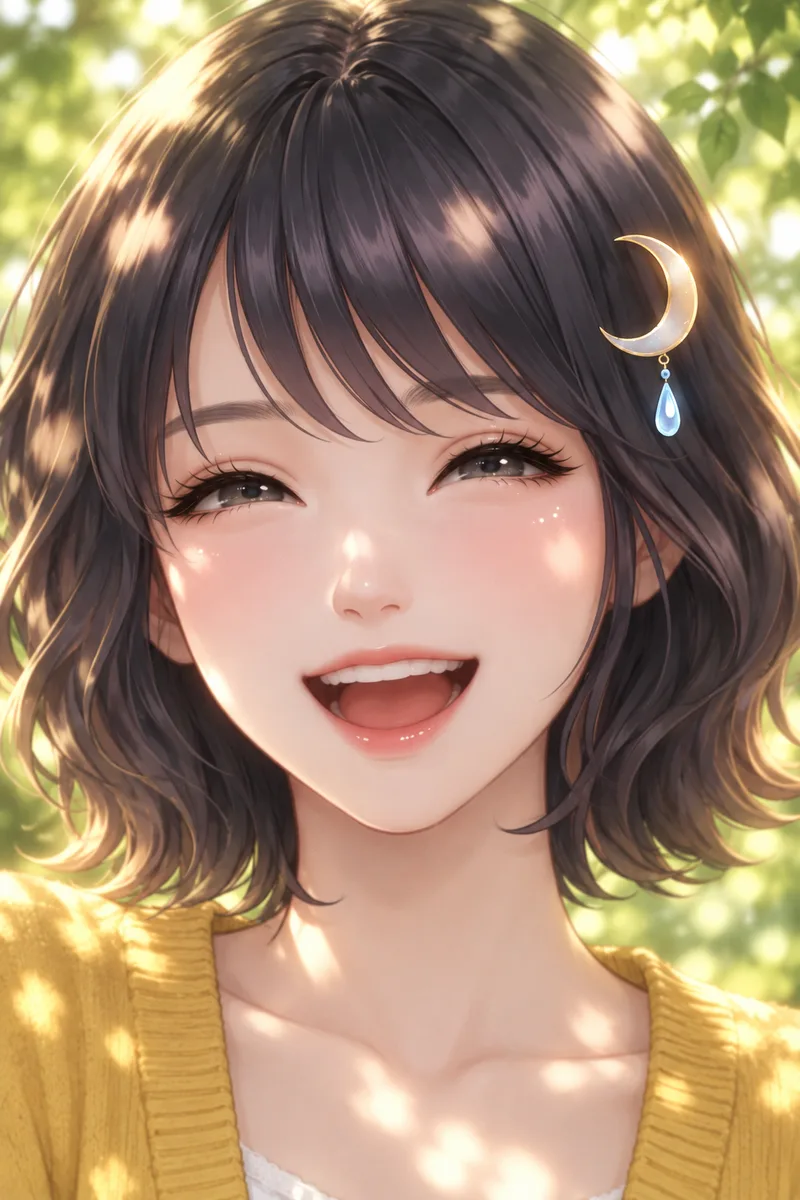 Akari Shizune หรี่ตาหัวเราะอย่างเต็มที่ ในสวนสาธารณะที่แสงแดดลอดผ่านใบไม้