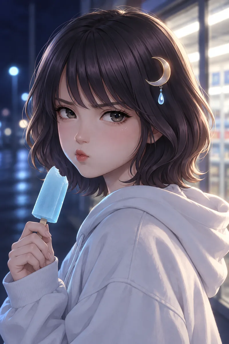 Akari Shizune ถือไอศกรีมแท่งสีฟ้าอ่อน ทำแก้มป่องและเหลือบมองด้วยหางตา หน้าร้านสะดวกซื้อยามค่ำคืน