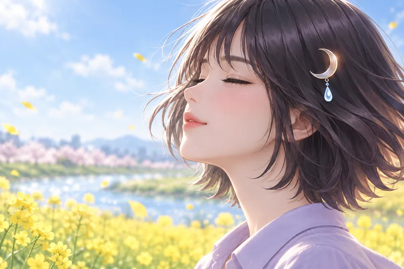 ใบหน้าด้านข้างของ Akari Shizune ที่หลับตารับลมฤดูใบไม้ผลิ ริมแม่น้ำที่ดอกคาโนลาบานสะพรั่ง