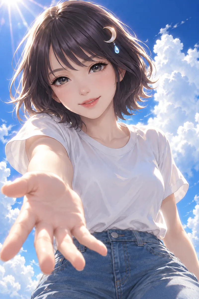 มุมมองจากด้านล่างของ Akari Shizune ที่ยื่นมือมาทางนี้และยิ้ม โดยมีท้องฟ้าสีครามฤดูร้อนและเมฆก้อนใหญ่ที่ก่อตัวสูงตระหง่านอยู่เบื้องหลัง