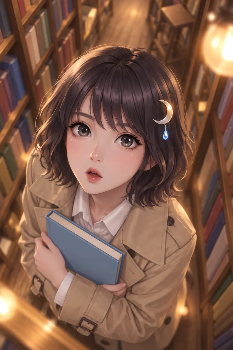 Akari Shizune กอดหนังสือสีฟ้าอ่อนไว้แนบอก เบิกตากว้างแหงนมองมาทางนี้ ในทางเดินของร้านหนังสือที่รายล้อมด้วยชั้นหนังสือ