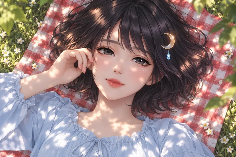 มุมมองจากด้านบนตรง ๆ ของ Akari Shizune ที่นอนบนผ้าปูลายกิงแฮมบนสนามหญ้า ยิ้มด้วยดวงตาง่วงงุน