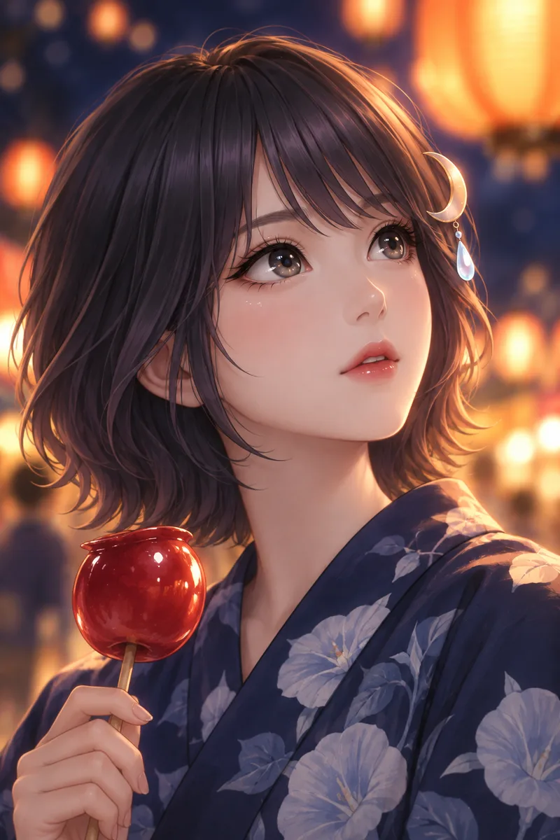 Akari Shizune ในชุดยูกาตะ ถือแอปเปิลเคลือบน้ำตาล แหงนมองแสงโคมกระดาษอย่างเคลิบเคลิ้ม ในค่ำคืนงานเทศกาลฤดูร้อน