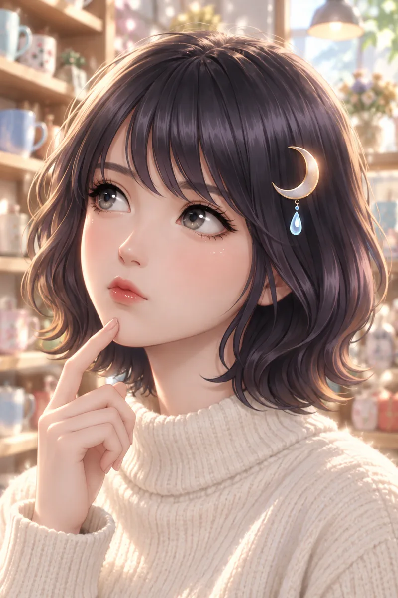 Akari Shizune เอานิ้วชี้แตะคางครุ่นคิด ในร้านกระจุกกระจิกที่มีแก้วมัคเรียงราย