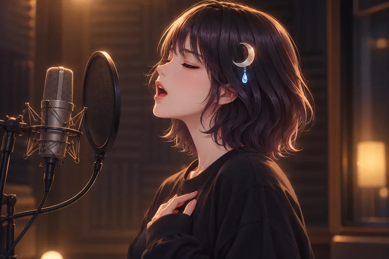 ใบหน้าด้านข้างของ Akari Shizune ที่แตะมือไว้ที่อก หลับตาร้องเพลงอยู่หน้าไมโครโฟนในห้องอัดเสียง