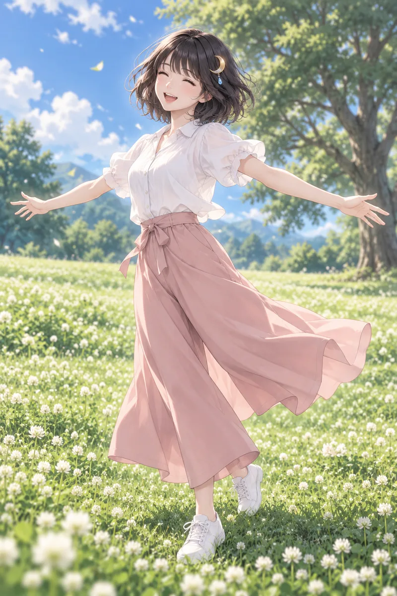 Akari Shizune กางแขนหมุนตัว หัวเราะอย่างสดใส บนลานหญ้าที่ดอกโคลเวอร์ขาวบานสะพรั่ง