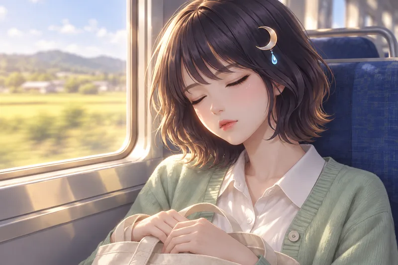 Akari Shizune กอดกระเป๋าโท้ทแล้วนั่งสัปหงก บนที่นั่งรถไฟยามบ่ายที่แสงแดดส่องเข้ามา