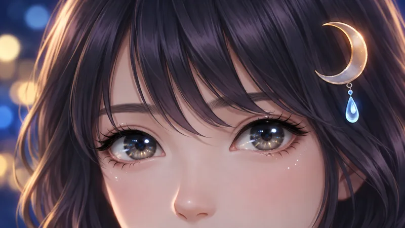 ดวงตาเอ่อคลอของ Akari Shizune ที่มองตรงมาทางนี้ โดยมีแสงไฟเมืองยามค่ำคืนอยู่เบื้องหลัง