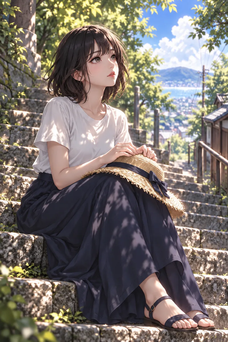 Akari Shizune นั่งบนบันไดหินเก่าในเมืองเนินเขายามฤดูร้อน วางหมวกฟางไว้บนตัก มองท้องฟ้าที่ไกลออกไป