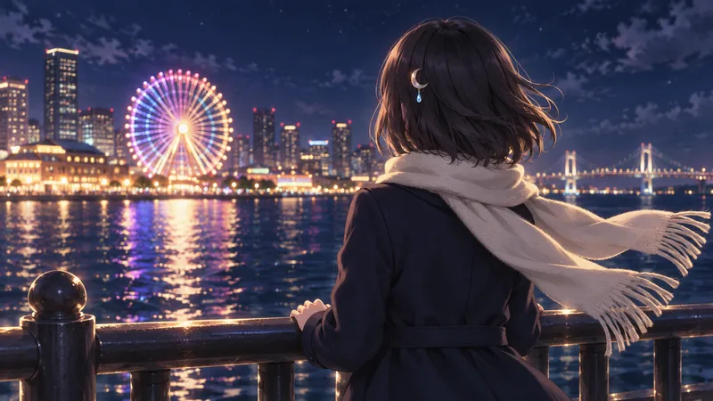 แผ่นหลังของ Akari Shizune ที่จับราวกั้นริมท่าเรือยามค่ำคืน มองชิงช้าสวรรค์ที่อยู่อีกฟากของทะเล