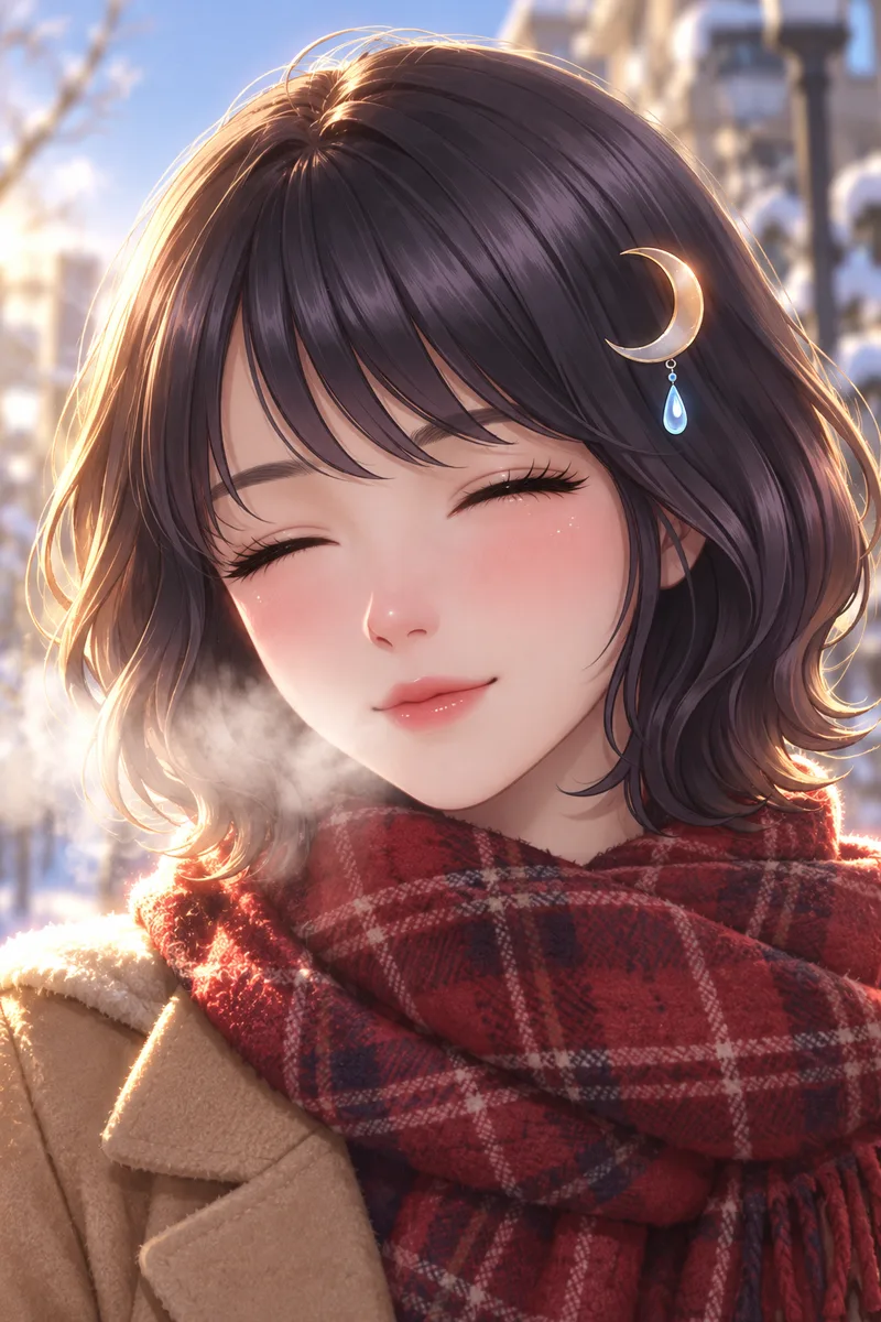 ในเช้าฤดูหนาวที่ท้องฟ้าแจ่มใส Akari Shizune ซุกหน้าในผ้าพันคอลายสก็อตสีแดง หลับตาและพ่นลมหายใจสีขาว
