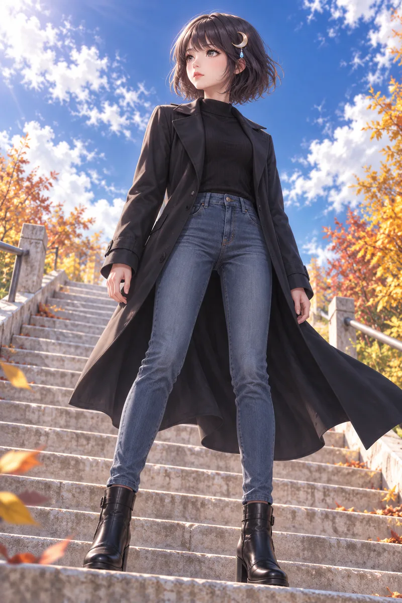 มุมมองจากด้านล่างของ Akari Shizune ที่ยืนอยู่กลางบันไดยาว ใต้ท้องฟ้าสีครามฤดูใบไม้ร่วง และมองไปยังที่ไกลอย่างแน่วแน่
