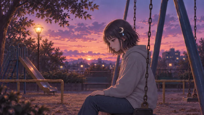 ใบหน้าด้านข้างของ Akari Shizune ที่นั่งก้มหน้าบนชิงช้า ในสวนสาธารณะยามโพล้เพล้