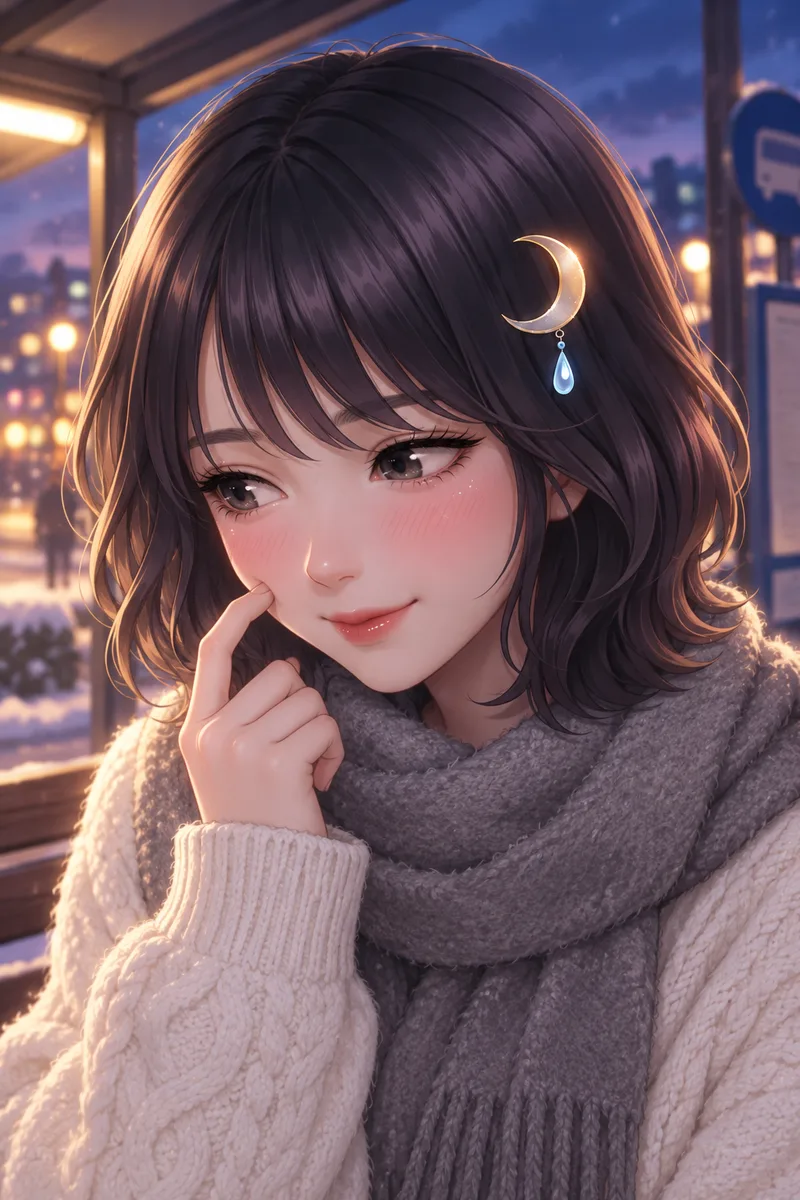 Akari Shizune แก้มแดง หลบสายตา ใช้นิ้วเกาแก้มพลางยิ้มเขิน ที่ป้ายรถเมล์ในยามเย็นฤดูหนาว