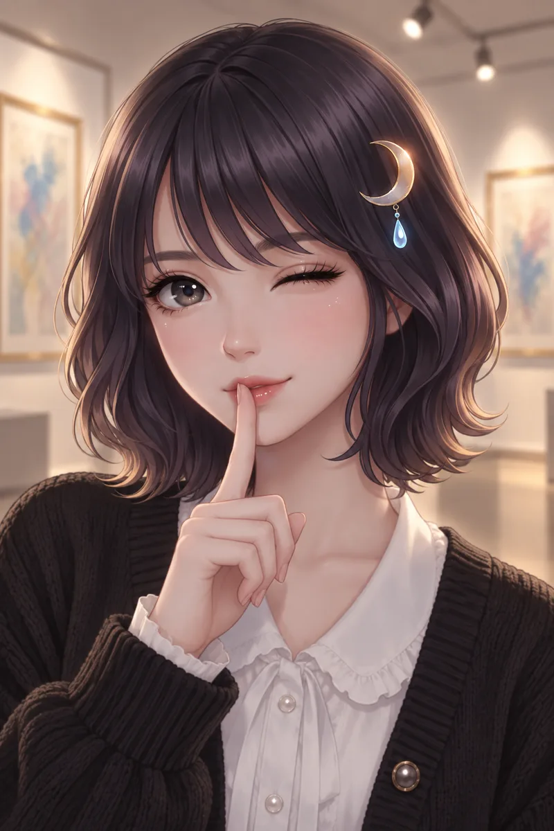 Akari Shizune ขยิบตาข้างหนึ่ง แตะนิ้วชี้ที่ริมฝีปาก ในห้องจัดแสดงอันเงียบสงบของหอศิลป์