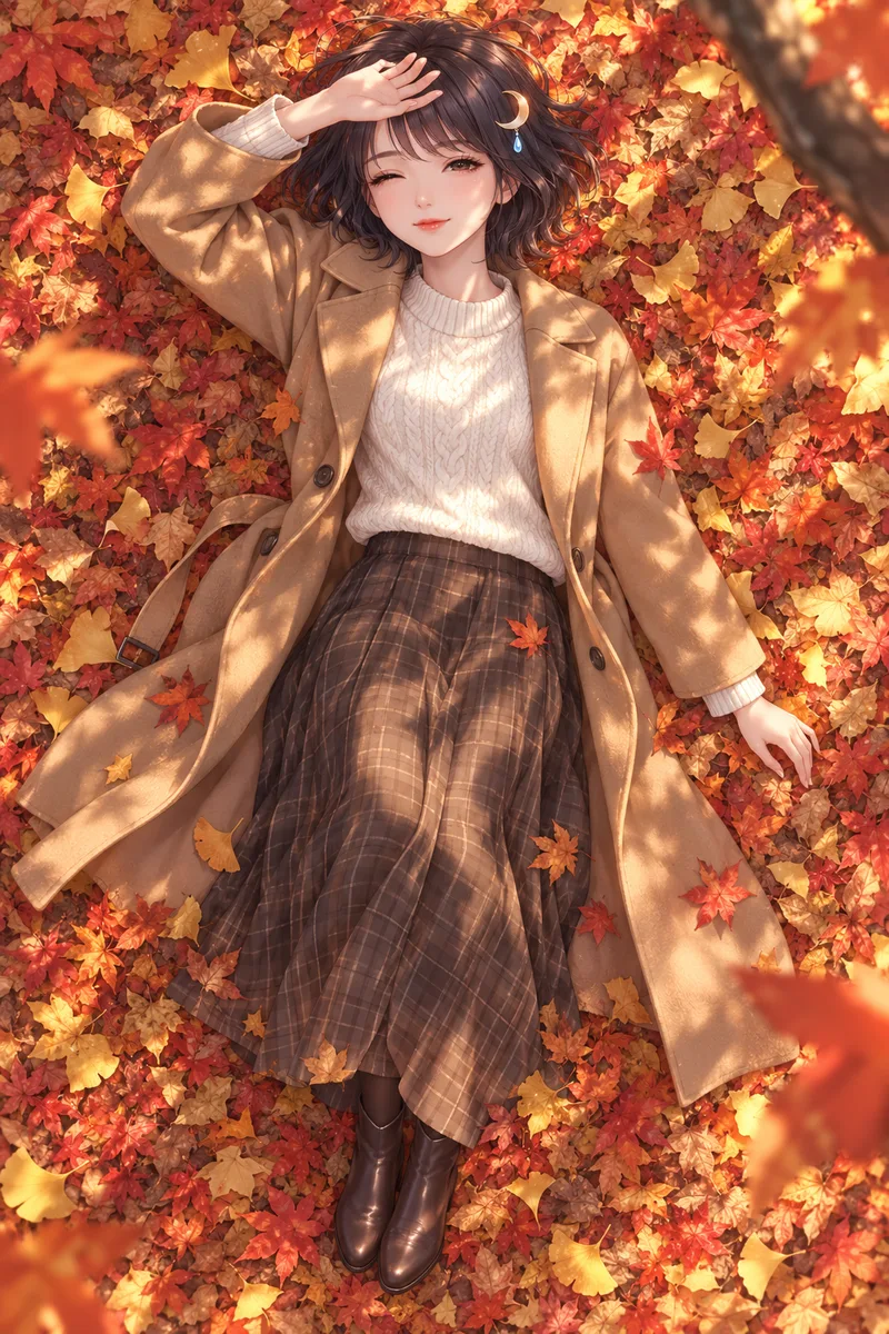 มุมมองจากด้านบนตรง ๆ ของ Akari Shizune ที่นอนบนใบไม้ร่วงสีแดงและเหลืองในสวนสาธารณะฤดูใบไม้ร่วง ใช้มือบังแสงแดดพลางยิ้ม