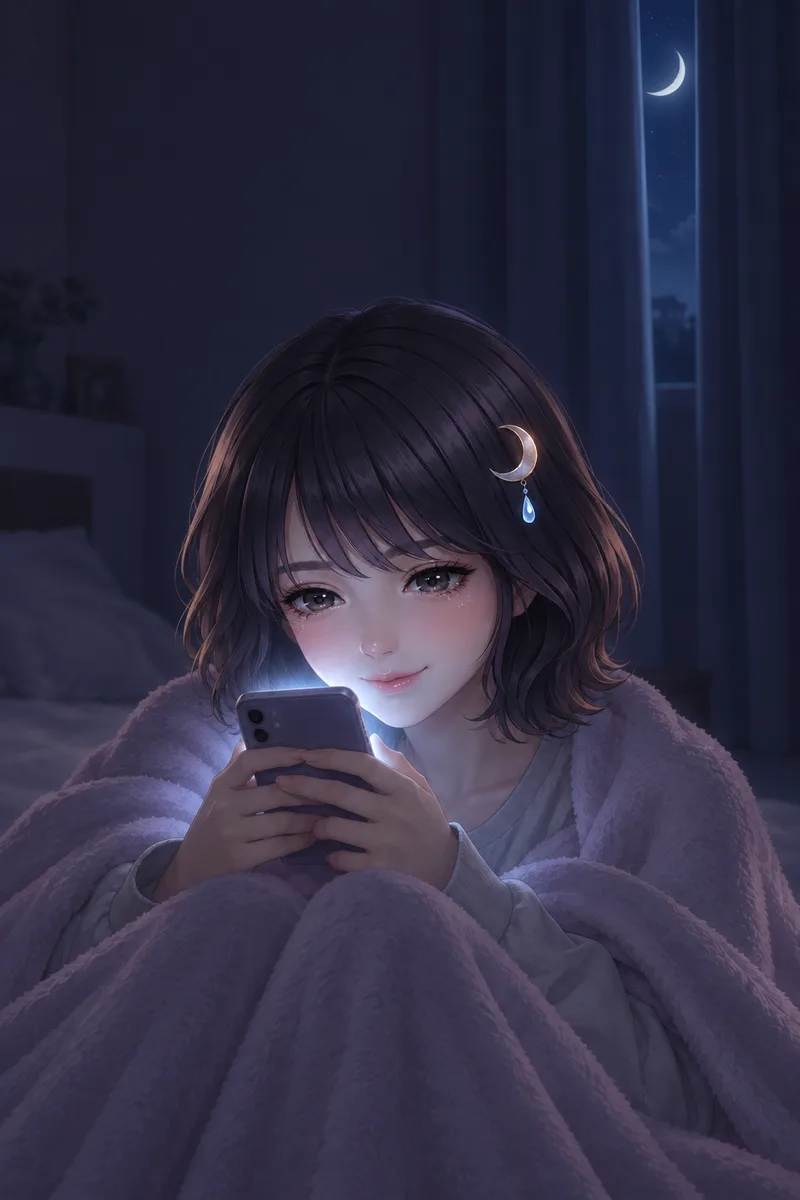 Akari Shizune จ้องมองแสงจากสมาร์ตโฟนในห้องยามดึก