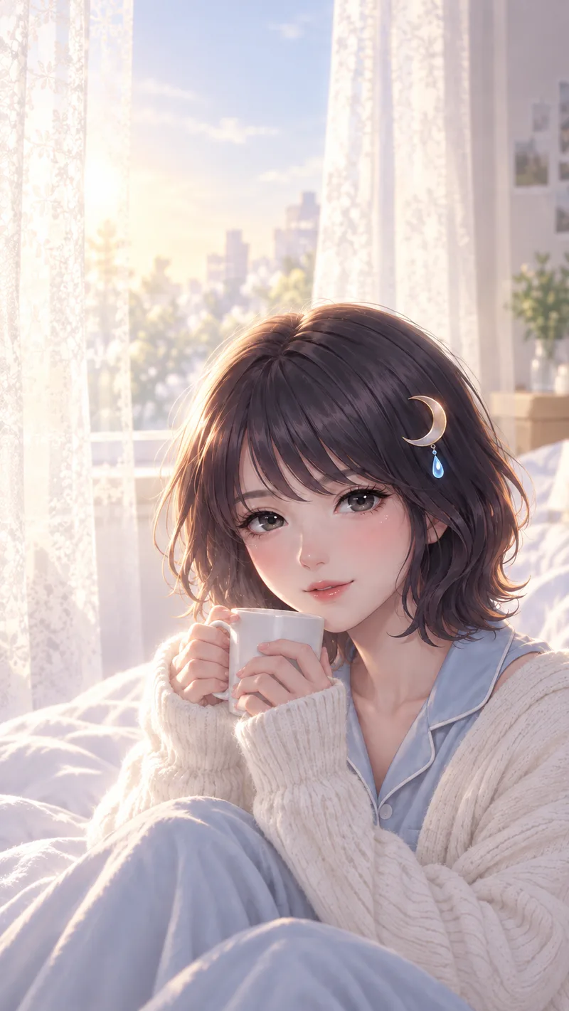 Akari Shizune ยิ้มพลางประคองแก้วมัคด้วยสองมือ ริมหน้าต่างที่อาบแสงยามเช้า