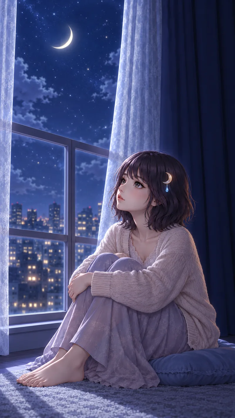Akari Shizune กอดเข่าแหงนมองท้องฟ้ายามค่ำคืน ริมหน้าต่างใต้แสงจันทร์