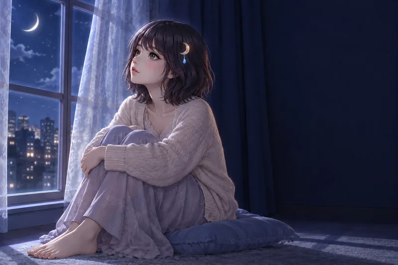 Akari Shizune กอดเข่าแหงนมองท้องฟ้ายามค่ำคืน ริมหน้าต่างใต้แสงจันทร์