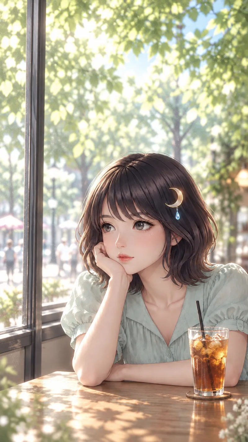 Akari Shizune เท้าคางมองออกไปข้างนอก ริมหน้าต่างร้านกาแฟ