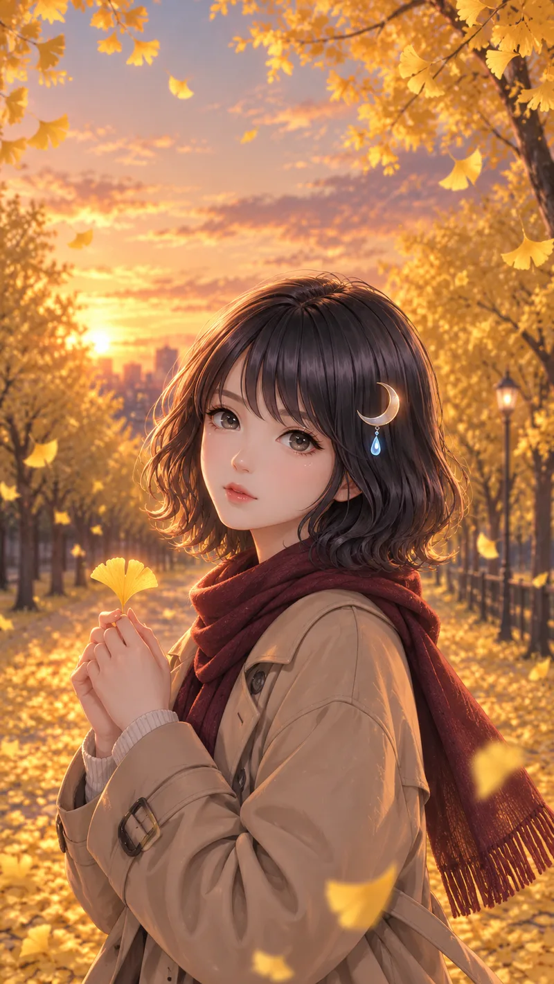 Akari Shizune เงยหน้าจากใบไม้บนฝ่ามือแล้วยิ้ม ใต้แนวต้นแปะก๊วย
