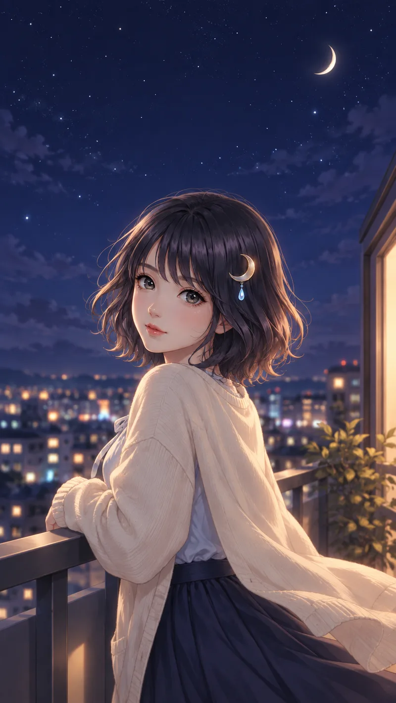 Akari Shizune หันกลับมายิ้มบนระเบียงยามค่ำคืน