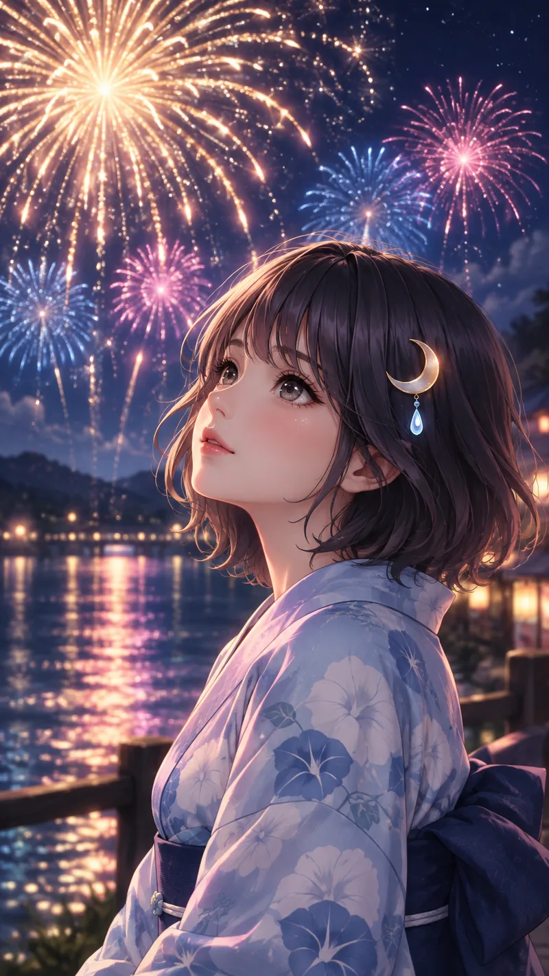 Akari Shizune ในชุดยูกาตะ แหงนมองดอกไม้ไฟบนท้องฟ้ายามค่ำคืน