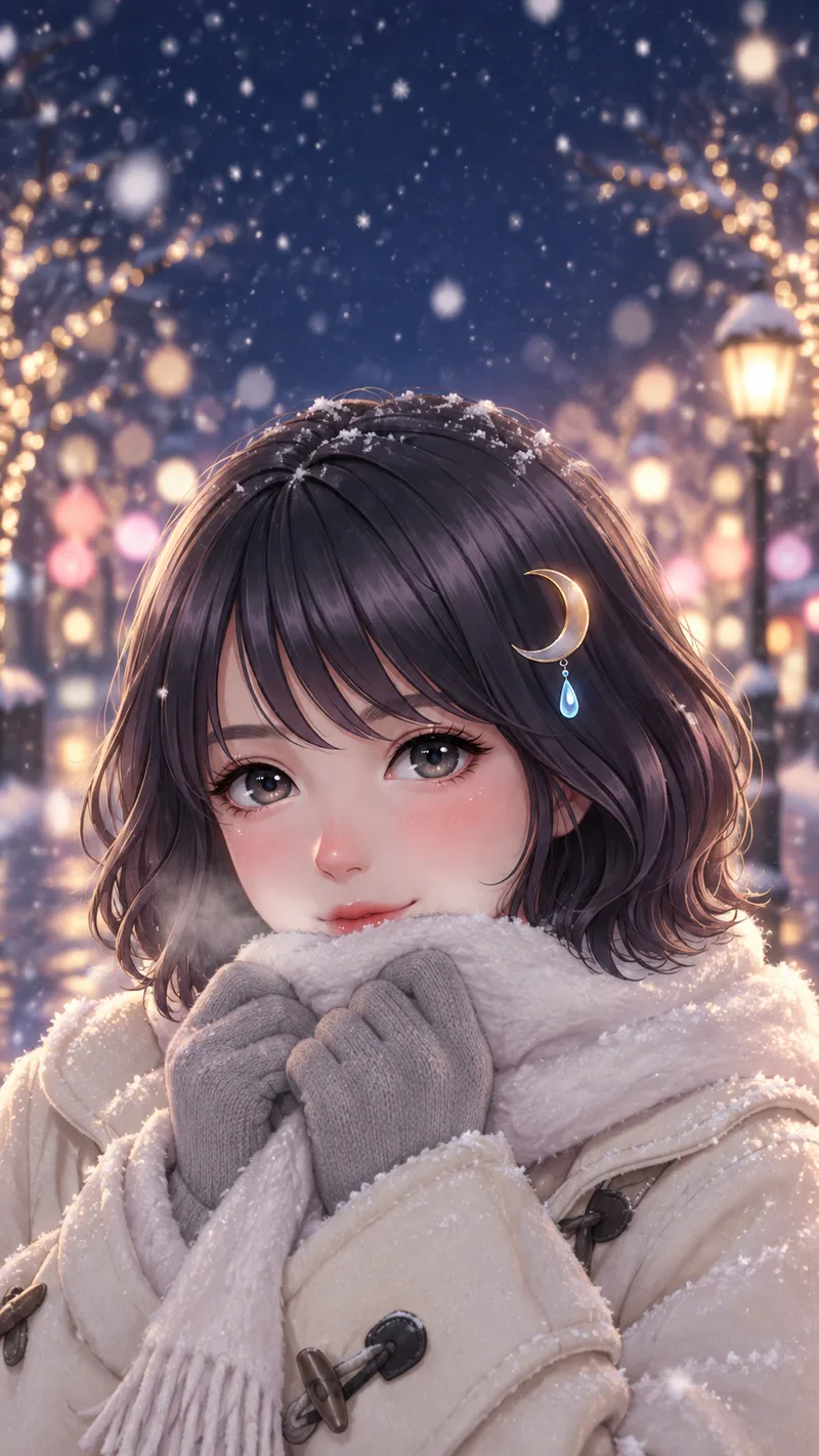 Akari Shizune ซุกปากไว้ในผ้าพันคอและยิ้ม ในคืนที่หิมะตก
